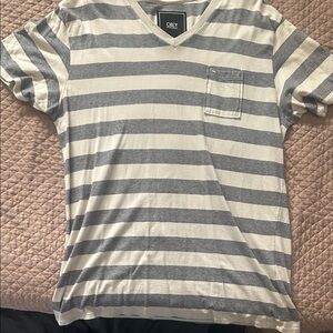 Obey Men's Blue and White Striped V-Neck Tee